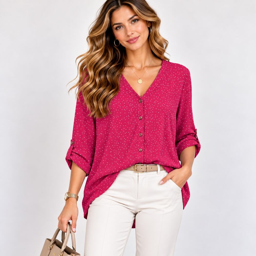 Susan Graver Liquid Knit Blouse Women's Size 1X Pink Polka-dot Cottage Office